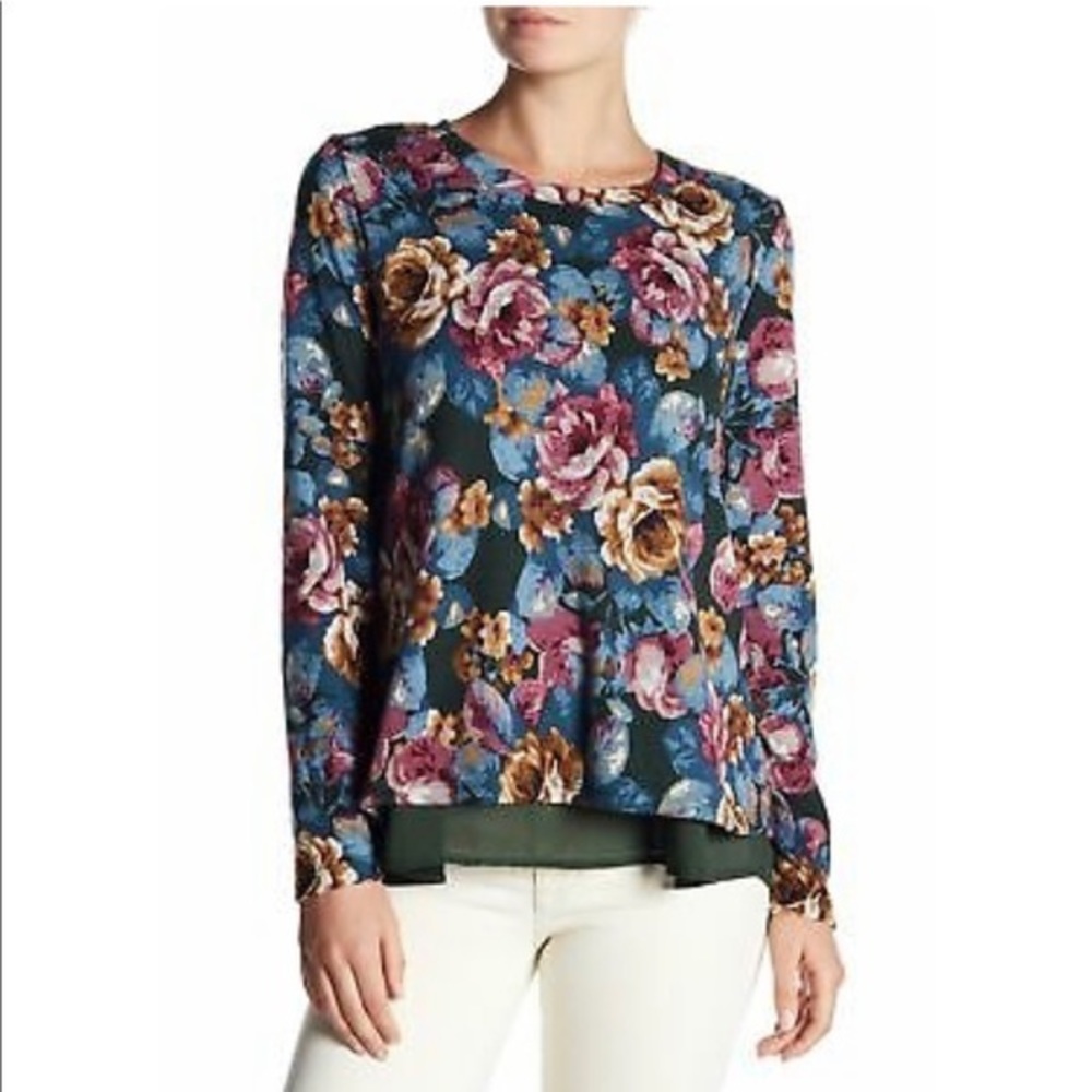 Bobeau‎ Floral and Dark Green Layered Long Sleeve Top Size Small